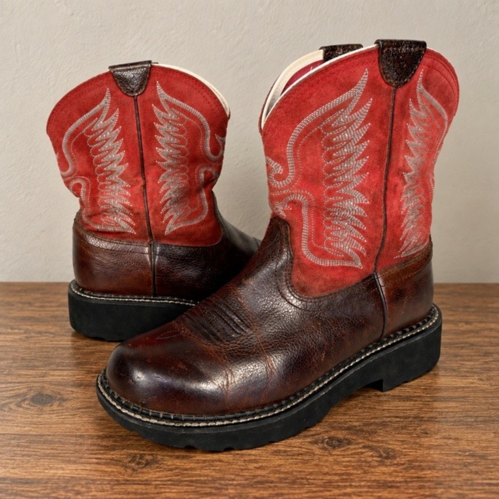 Ariat Fatbaby Boots Womens 8.5 B Red Suede Brown Leather Western Cowgirl